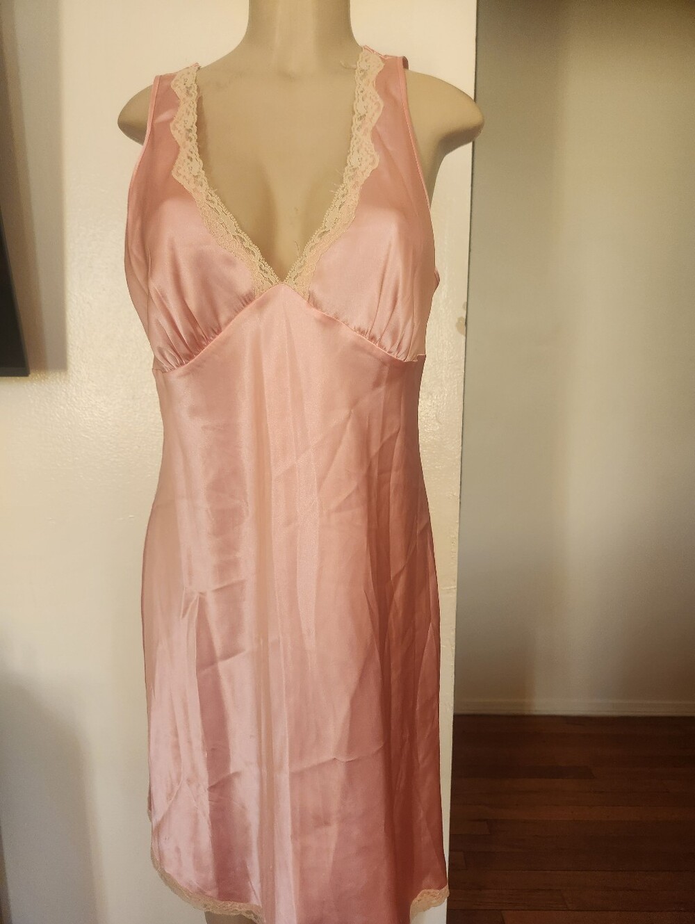 Victoria's Secret Pink Satin Chemise with Cream Lace Trim